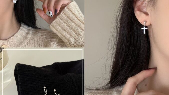 Roselife เครื่องประดับแฟชั่นสตรีต่างหูห้อยจี้ไม้กางเขนหมีสไตล์เกาหลี