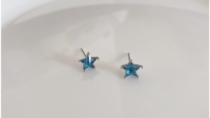 134-goodgift_station - Blue diamond star earrings S925 ต่างหูเงินแท้ แบบเจาะรูปดาวสีน้ำเงิน