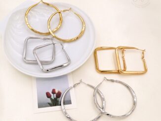 WFH ต่างหูผู้หญิง ต่างหูห่วงสี่เหลี่ยม ต่างหูห่วงวงกลม สีทอง สีเงิน  FE163