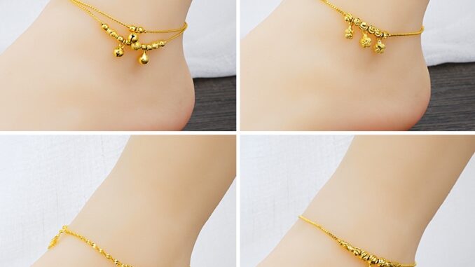 สร้อยข้อเท้า ประดับลูกปัด ระฆังทอง 24k แบบสองชั้น แฟชั่นสําหรับผู้หญิง