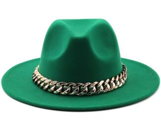 Fedora หมวกปีกกว้าง หนา สายโซ่ สีทอง แฟชั่นฤดูใบไม้ร่วง ฤดูหนาว สําหรับผู้หญิง และผู้ชาย