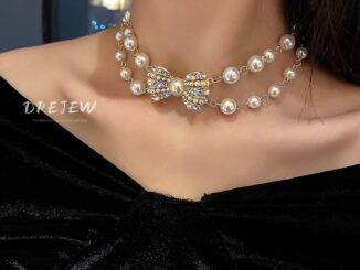 เครื่องประดับ สร้อยคอโซ่สั้น ประดับโบว์ และไข่มุก สองชั้น สไตล์ยุโรป และอเมริกา แฟชั่นสําหรับผู้หญิง