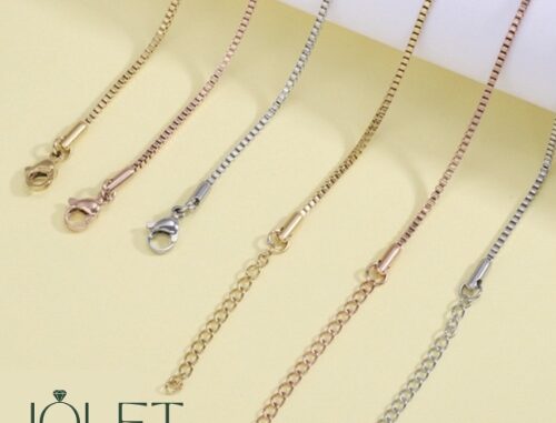 jolet สร้อยคอสแตนเลสแท้ลายโซ่เหลี่ยมหนา2mm ปรับระดับ สีเงินสีพิ้งโกลทอง  ไม่ลอก