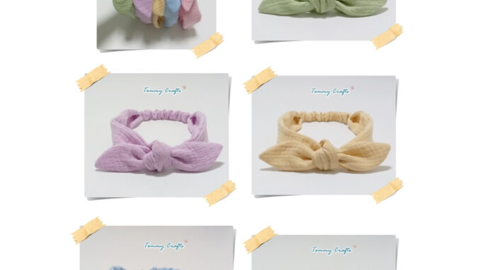 ผ้าคาดผมโบว์ผ้าฝ้ายอัดยับ ไซส์ผู้ใหญ่/เด็ก สีหวาน เขียว/ม่วง/เหลือง/ฟ้า/ชมพู cotton Hairbands