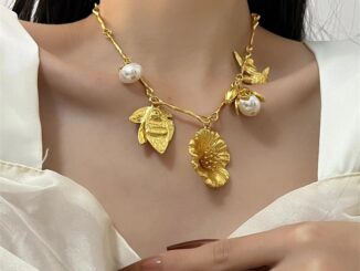 สร้อยคอโซ่สั้น จี้กลีบดอกไม้ ประดับไข่มุก สีทอง สไตล์ฝรั่งเศส วินเทจ
