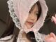 ผ้าพันคอ ผ้าคลุมศีรษะ ทรงสามเหลี่ยม แต่งลูกไม้ ลายดอกไม้ สีชมพู สไตล์ฝรั่งเศส