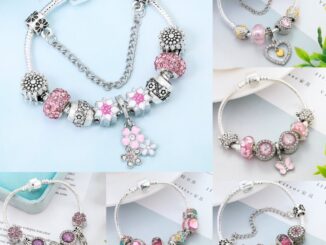 Dinglly สร้อยข้อมือลูกปัด รูปหัวใจ ดอกไม้สีชมพู ผีเสื้อ สําหรับผู้หญิง DIY สีเงิน สร้อยข้อมือลูกปัด