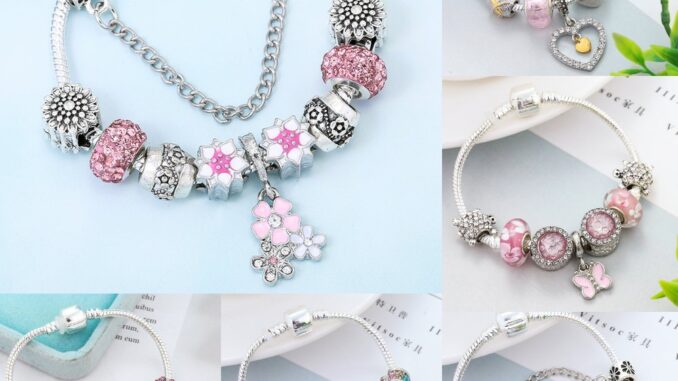 Dinglly สร้อยข้อมือลูกปัด รูปหัวใจ ดอกไม้สีชมพู ผีเสื้อ สําหรับผู้หญิง DIY สีเงิน สร้อยข้อมือลูกปัด