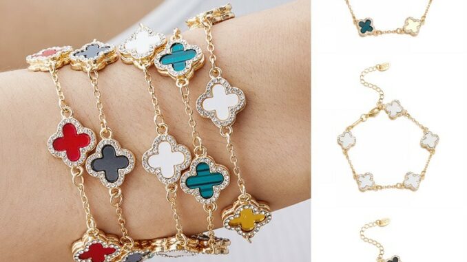 เครื่องประดับ สร้อยข้อมือ ชุบทอง 18k จี้ใบโคลเวอร์ สองชั้น หลากสี เหมาะกับของขวัญวันวาเลนไทน์ แฟชั่นเกาหลี สําหรับผู้หญิง