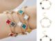 เครื่องประดับ สร้อยข้อมือ ชุบทอง 18k จี้ใบโคลเวอร์ สองชั้น หลากสี เหมาะกับของขวัญวันวาเลนไทน์ แฟชั่นเกาหลี สําหรับผู้หญิง