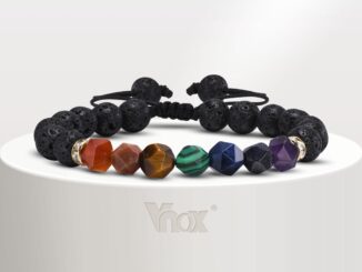 VNOX สร้อยข้อมือ ประดับลูกปัดหินภูเขาไฟ เพทาย สามารถปรับได้ สําหรับผู้ชาย และผู้หญิง