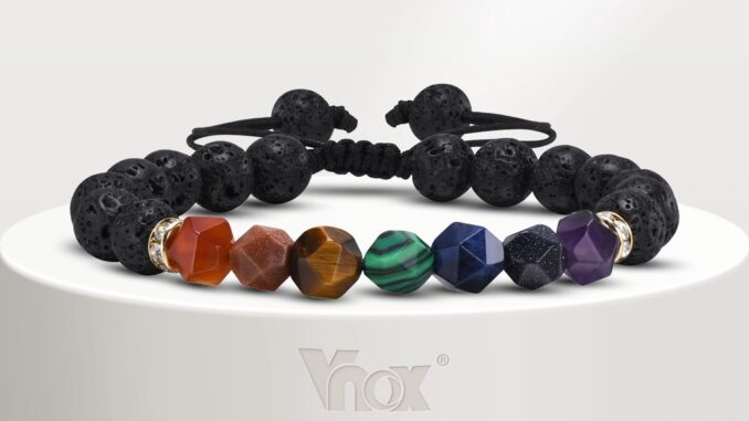 VNOX สร้อยข้อมือ ประดับลูกปัดหินภูเขาไฟ เพทาย สามารถปรับได้ สําหรับผู้ชาย และผู้หญิง
