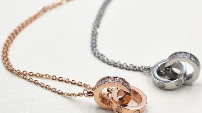 Leve Series สร้อยคอโซ่สเตนเลส ไทเทเนียม ทอง 18K จี้แหวนคู่ ประดับเพชร เครื่องประดับ สําหรับผู้หญิง