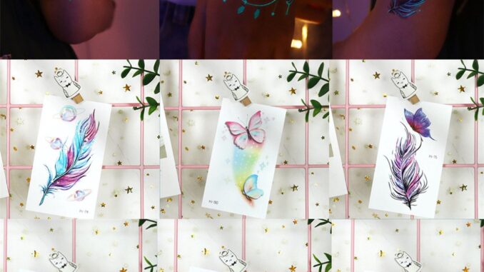 สติกเกอร์รอยสักชั่วคราว รูปขนนก ผีเสื้อ ขนาดเล็ก เรืองแสงในที่มืด สําหรับใบหน้า แขน ขา ร่างกาย