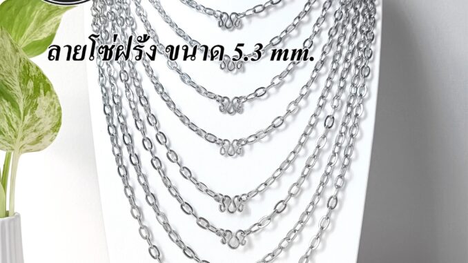 สร้อยคอ สร้อยคอสแตนเลสแท้ เกรด 304 ลายโซ่ฝรั่ง ขนาด 5.3 mm. 1 องค์ สร้อยพระ ไม่ลอก ไม่ดำ ใส่อาบน้ำได้เลย