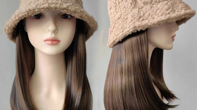 หมวกวิกผมกากี ผมยาวตรง 30cm ผมสีน้ำตาลเย็น ถอดไม่ได้ สวมใส่ง่าย