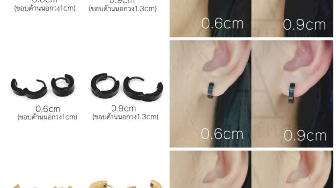 [ราคาต่อ1คู่] ต่างหูห่วงสแตนเลสก้าน1mm 2ขนาด 3สี สีเงิน สีทอง และสีดำ