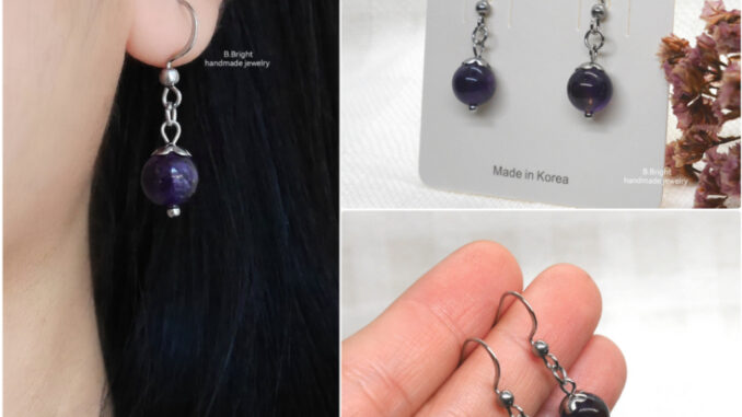 ต่างหูหินอเมทิสต์ (Amethyst) 7.5 - 8 มม. อะไหล่สแตนเลส งานทำมือ 100% พร้อมส่งค่ะ