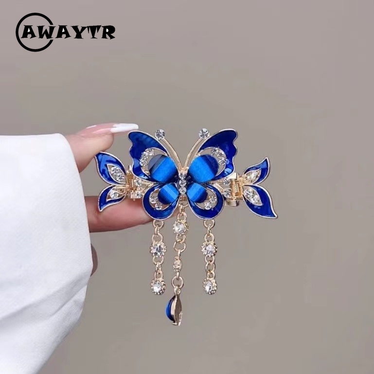 Awaytr กิ๊บติดผม ประดับพู่ เพทาย รูปผีเสื้อ เครื่องประดับผม แฟชั่นใหม่ สําหรับผู้หญิง