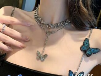 สร้อยคอผีเสื้อสองชั้นสีเงินสาวงาม
