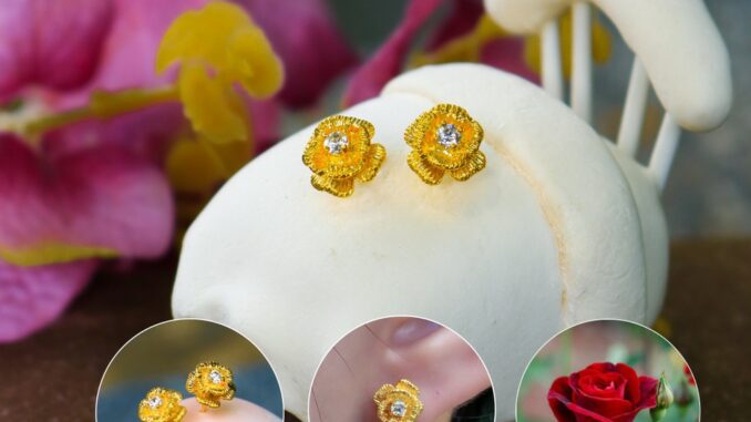 ต่างหูกุหลาบเพชร ตัวเรือนสีทอง  รุ่นA10 1คู่ CN Jewelry earings ตุ้มหู ต่างหูแฟชั่น ต่างหูเกาหลี ต่างหูทอง