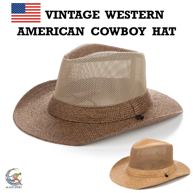 05X1 หมวกคาวบอยปีกกว้าง Premium Cowboy Hats ทรงวินเทจ มีเชือกคล้องคอ