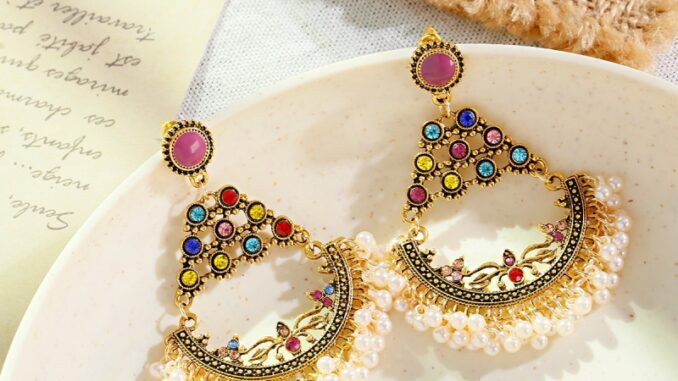Jumka ต่างหูสตรีโบฮีเมียนโกลเด้นมุกอินเดียคลาสสิกลูกปัดดอกไม้