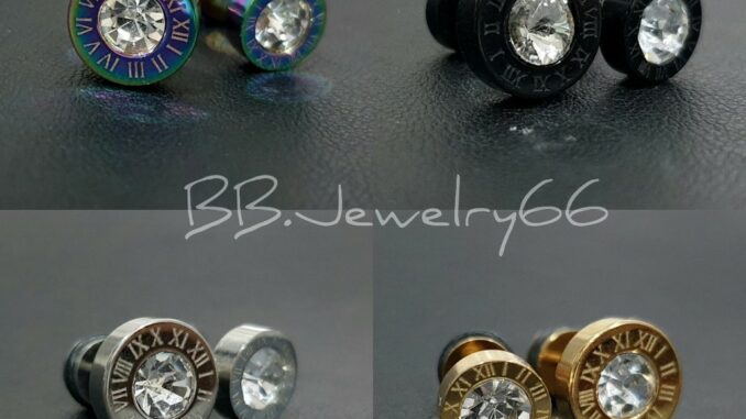 SS04 จิวหูสแตนเลส นาฬิกาโรมัน ฝังเพชร ก้าน 1.2 mm. ขนาด 8/10 mm. (1 ข้าง) จิวเพชร ต่างหูเพชร