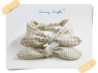 ผ้าคาดผมโบว์ผ้าคอตตอนทวิล ลายตารางน้ำตาลอ่อน พื้นครีม/ ลายเส้นตารางน้ำตาล พื้นเหลืองอ่อน Print cotton twill Hairbands