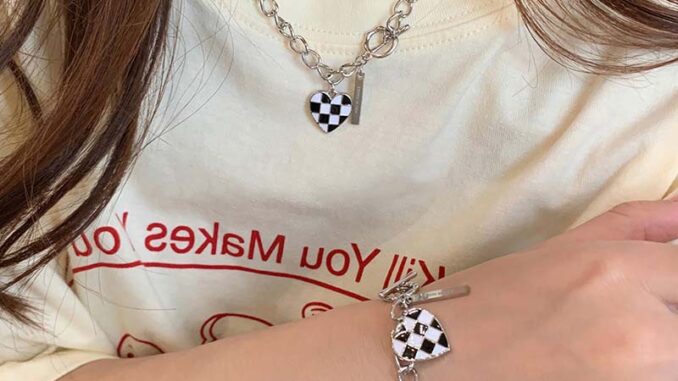 Korea Checkerboard Love Pendant Hollow OT Chain Necklace Female Bracelet
