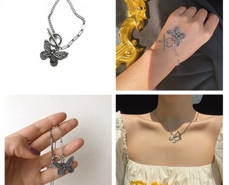 （A12-01-6）สร้อยคอสร้อยข้อมือจี้ผีเสื้อสีเงินสไตล์เกาหลี
