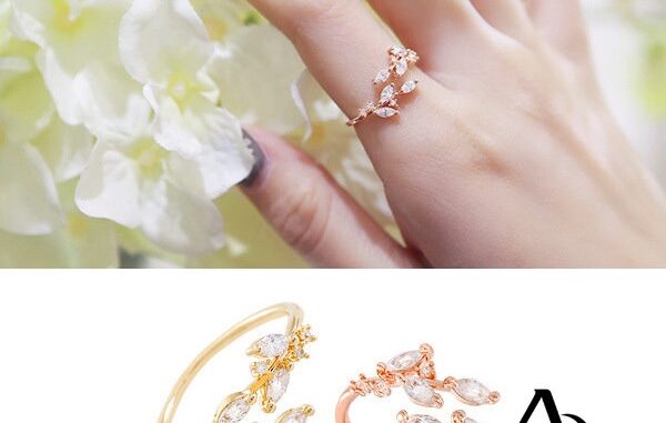 A HELLO GIRL Cincin แหวนแฟชั่นเปิดประดับเพทายรูปใบไม้สไตล์เกาหลีสําหรับผู้หญิง