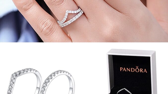 Pandora แหวนเงิน 925 ประดับเพชร เพทาย รูปตัว V สําหรับหมั้น งานแต่งงาน 2 ชิ้น ต่อชุด