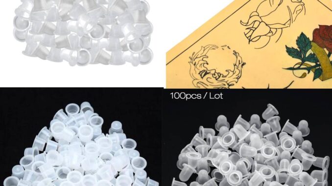 100 ชิ้น ถ้วยหมึก พลาสติก เม็ดสี ที่ใส่ แต่งหน้า คิ้ว ปาก สัก แหวน อุปกรณ์