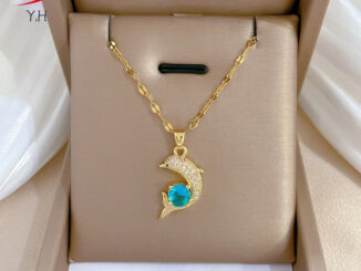 ⭐Y.H⭐ ปลาโลมาเพชร สีทอง 18K สร้อยคอสแตนเลส จี้ทองแดง