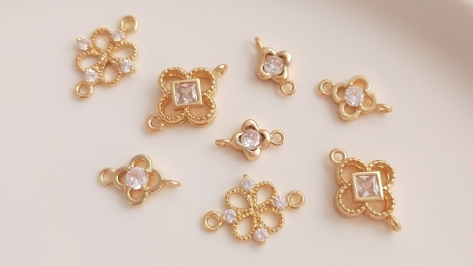 [Little Blu] จี้ทองแดง 14K ฝังเพทาย รูปใบโคลเวอร์สี่แฉก แฮนด์เมด