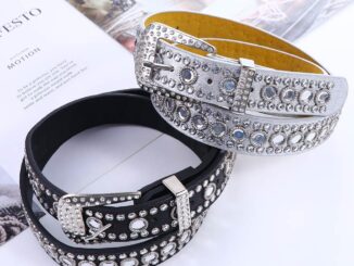 Qqmall เข็มขัดหนัง PU ประดับเพชร โลหะผสม สไตล์พังก์ สีดํา สําหรับผู้หญิง ผู้ชาย