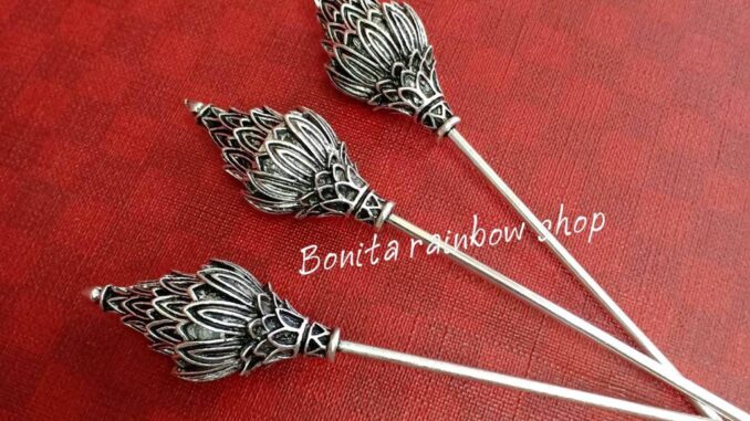 ปิ่นปักผมไทย เครื่องประดับผม ลายดอกบัวสีเงินรมดำ 005