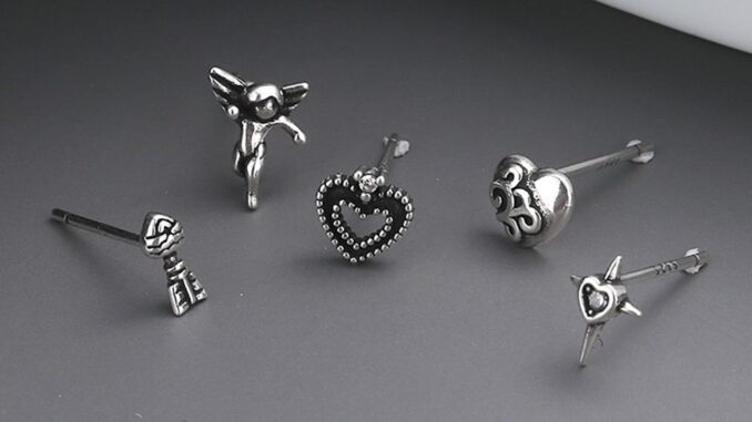 5pcs/set Vintage Sterling Silver Heart Angel Cross Stud Earrings Goth Aesthetic Piercing Stud Earrings Party Punk Jewelry Gifts