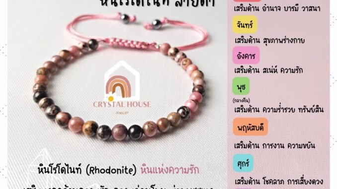 หินมงคล หินโรโดไนท์ ลายดำ สร้อยข้อมือเชือก ปรับขนาด ขนาด 4 มิล สร้อยหินมงคล หินนำโชค กำไลหิน หินสีชมพู Rhodonite
