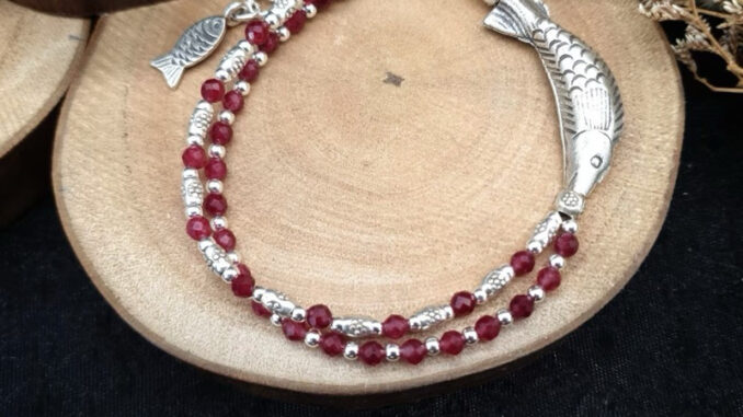 (JindaJewelry)สร้อยข้อมือปลา เงินแท้92.5% ร้อยสลับหินทับทิมแท้#สร้อยข้อมือเงินแท้