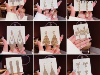 Ellastore123 ต่างหูระย้า รูปโบว์ ประดับไข่มุกเทียม พลอยเทียม 1 คู่