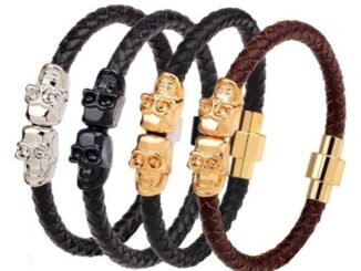 คลาสสิก สีดํา สร้อยข้อมือหนัง สไตล์โกธิค สีเงิน กะโหลก หัวเข็มขัดแม่เหล็ก สร้อยข้อมือ แฟชั่น ปาร์ตี้ เครื่องประดับ สําหรับผู้ชาย