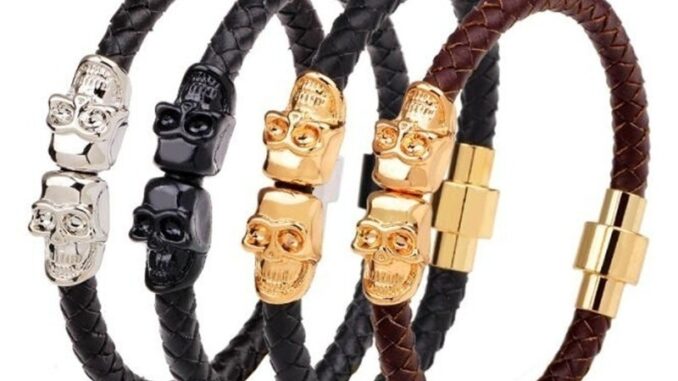 คลาสสิก สีดํา สร้อยข้อมือหนัง สไตล์โกธิค สีเงิน กะโหลก หัวเข็มขัดแม่เหล็ก สร้อยข้อมือ แฟชั่น ปาร์ตี้ เครื่องประดับ สําหรับผู้ชาย