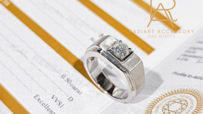 แหวนเงินแท้ ชุบทองคำขาว แหวนชาย ฝังเพชร Moissanite 0.5 กะรัต