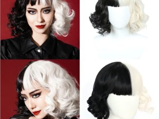 Cruella De Vil วิกผมคอสเพลย์ วิกผมสังเคราะห์ แบบสั้น สีดํา สีขาว พร้อมหน้าม้า สําหรับผู้หญิง ทนความร้อน