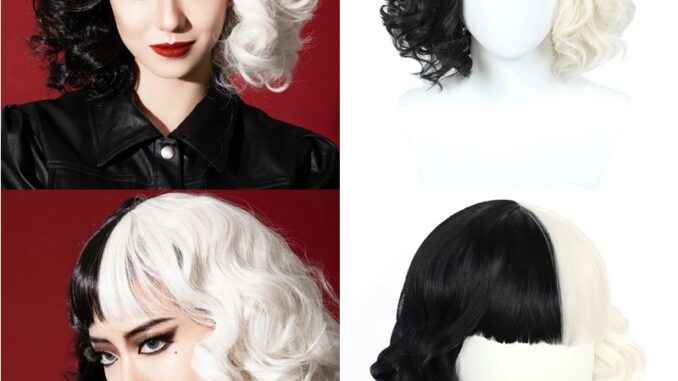 Cruella De Vil วิกผมคอสเพลย์ วิกผมสังเคราะห์ แบบสั้น สีดํา สีขาว พร้อมหน้าม้า สําหรับผู้หญิง ทนความร้อน