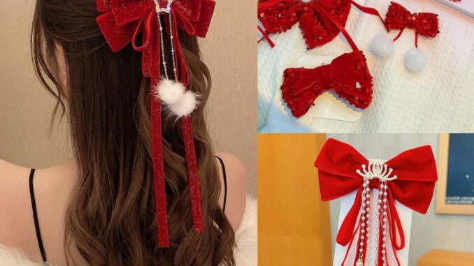 [Beautiful Magpie] กิ๊บติดผม ประดับโบว์ สีแดง สไตล์โบราณ เครื่องประดับ สําหรับผู้หญิง ปีใหม่