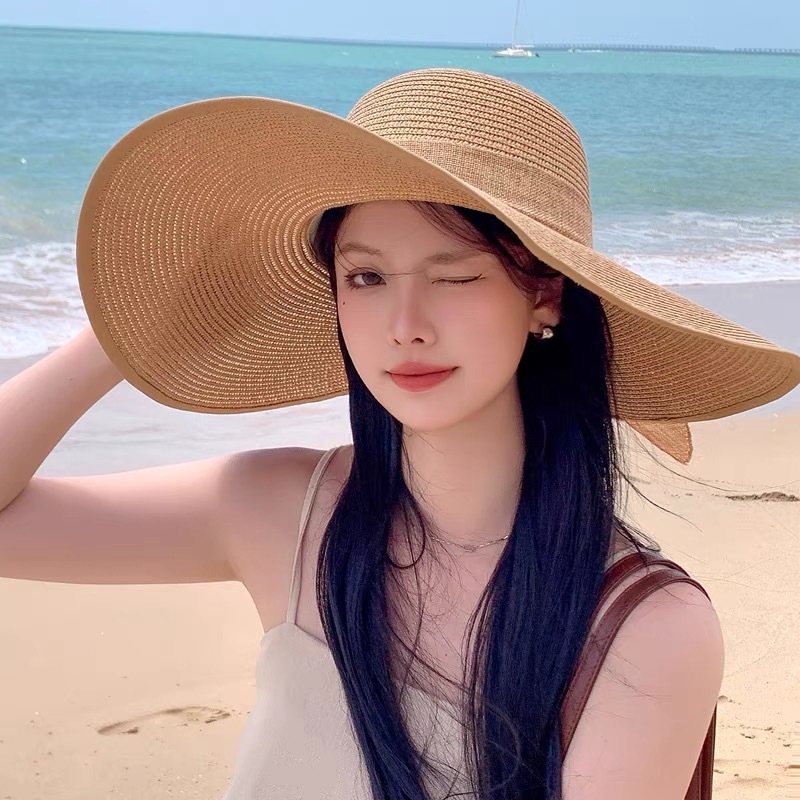 202 หมวกสานปีกกว้าง มีโบว์สามารถดึงออกและมัดใหม่ได้ หมวกไปทะเลกันแดด พร้อมส่ง