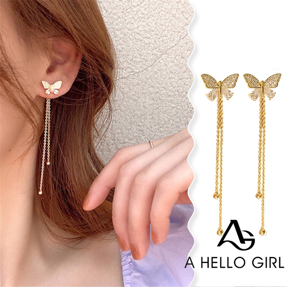 A HELLO GIRL ต่างหูพู่ยาว รูปผีเสื้อ สไตล์เกาหลี หวานแหวว เครื่องประดับแฟชั่น สําหรับผู้หญิง